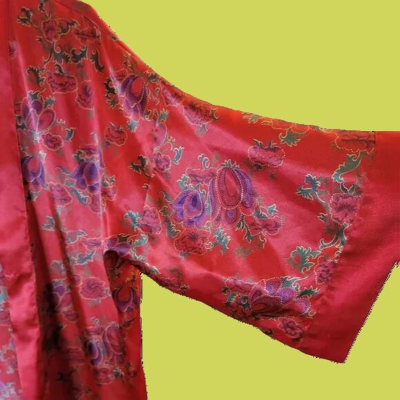 Vintage Red Kimono short floral print Robe 14/20 - Picture 5 of 8